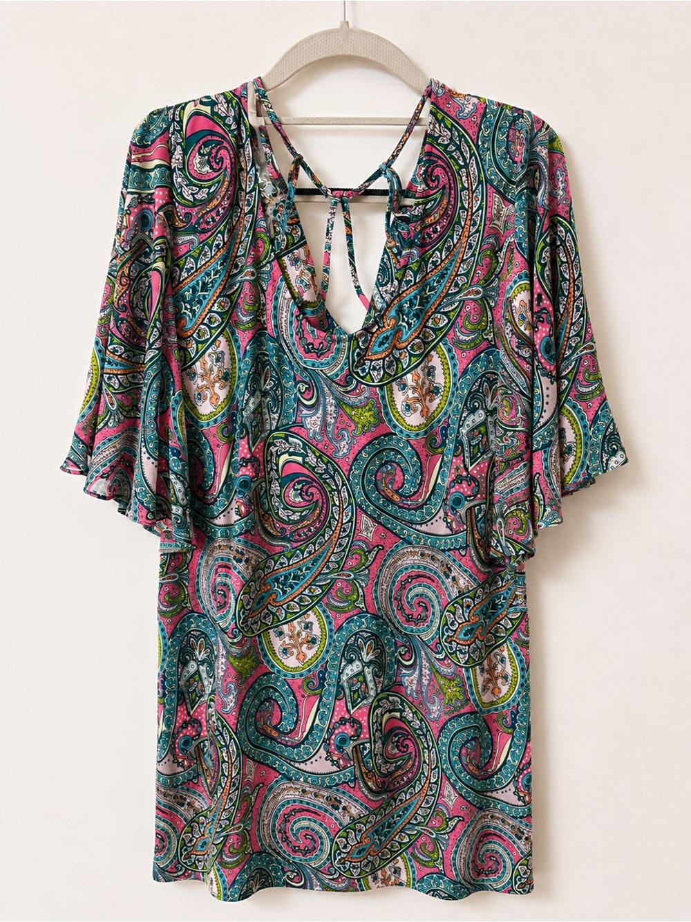 ⭐️3/$20 Ivy Lane Paisley Flutter Sleeve Dress Women's XL Pink Teal Keyhole Back
